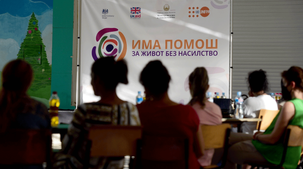 A local community event in North Macedonia promoting services for women seeking assistance due to domestic violence and gender-b